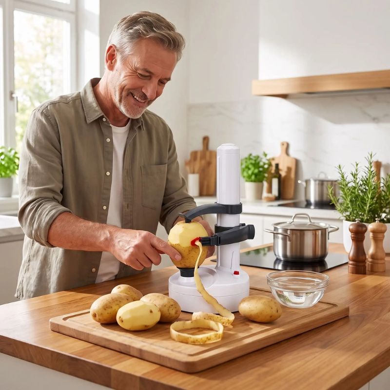 Monsieur pèle une pomme de terre avec eplucheur electrique