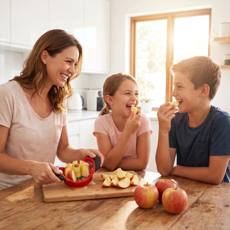 Coupe pomme utilisé par maman avec ses deux enfants
