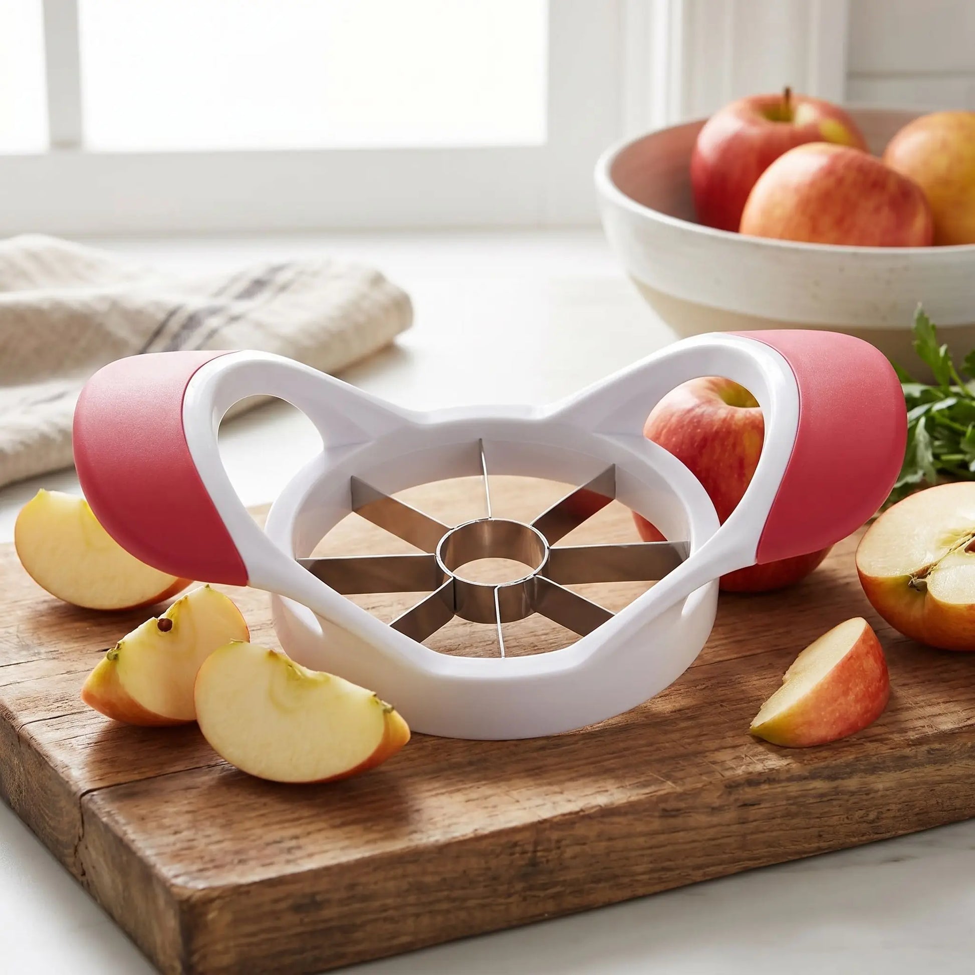 coupe pommes blanc avec poignées rouges