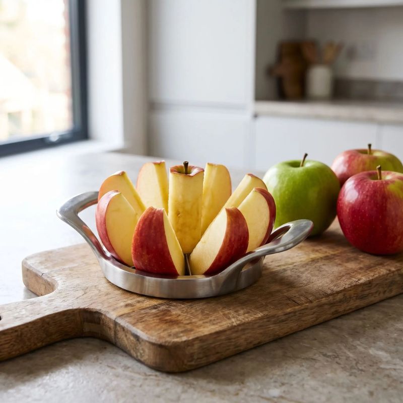 Coupe pommes et pomme tranchée sur planche à découper
