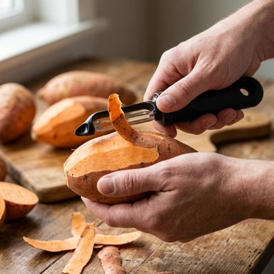 Econome noir pèle des patates douces