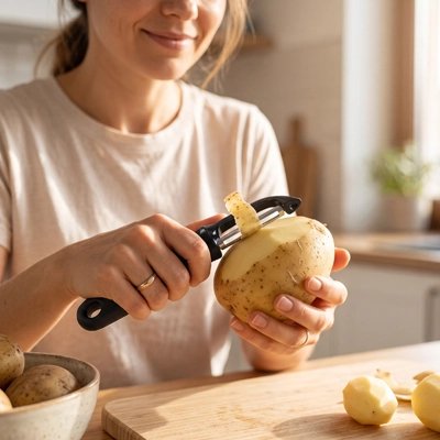 Econome noir pèle une pomme de terre