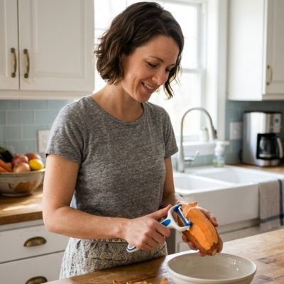 Épluche légumes blanc et bleu pèle une patate douce