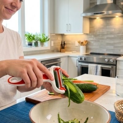 Épluche légumes blanc et rouge pèle un concombre en juliennes