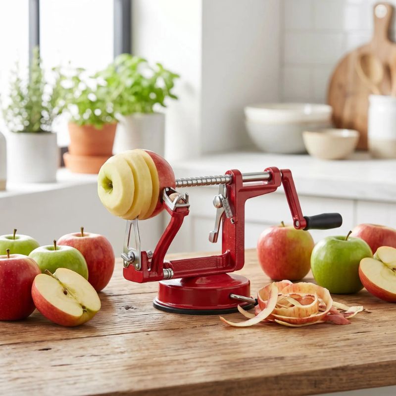 Epluche pomme pèle et tranche pomme sur table cuisine