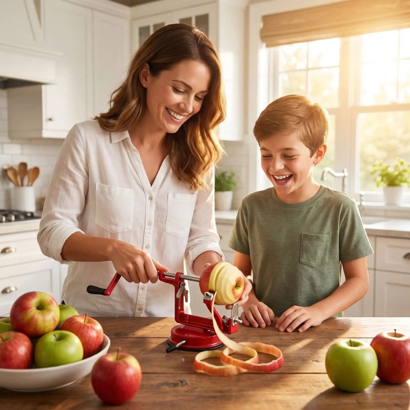 Epluche pomme utilisé par maman avec fils