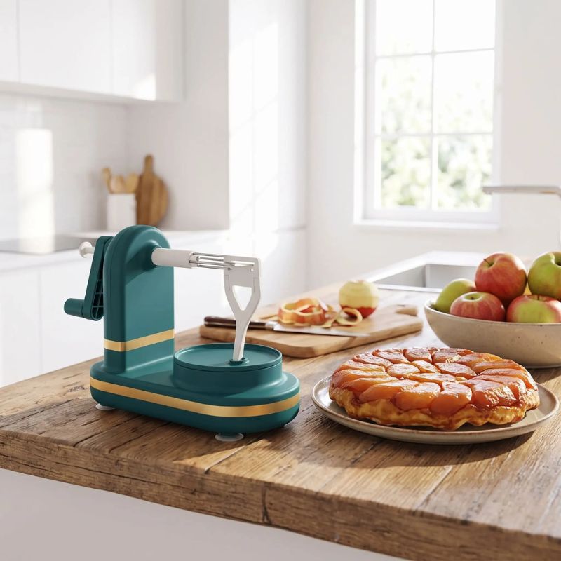 Éplucheuse à pomme sur table avec tarte tatin et pommes