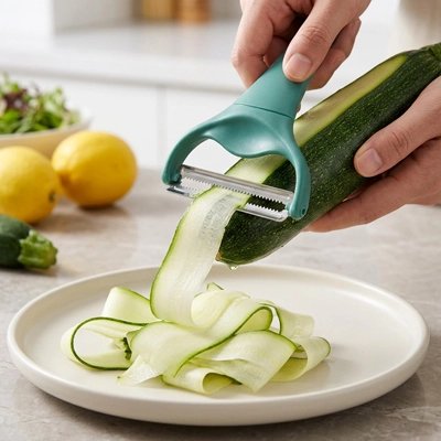 Éplucheuse légumes pèle une courgette en fines tranches