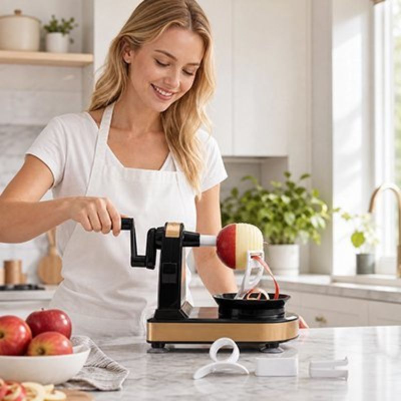 Jeune femme utilise epluche pomme dans cuisine