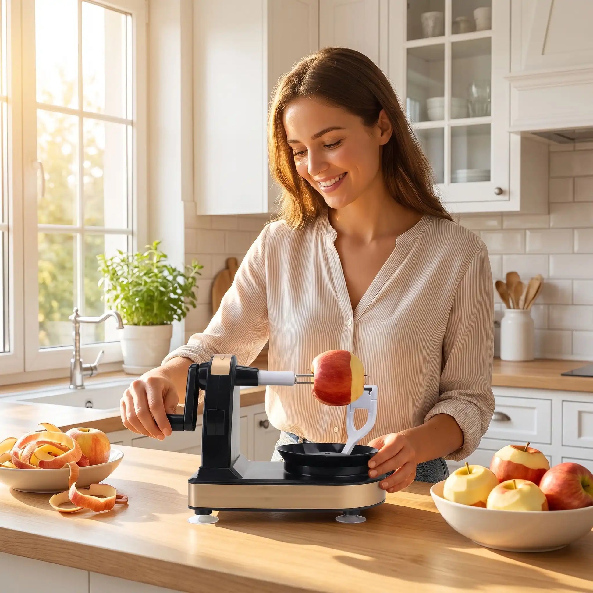 jeune femme utilise epluche pomme dans cuisine