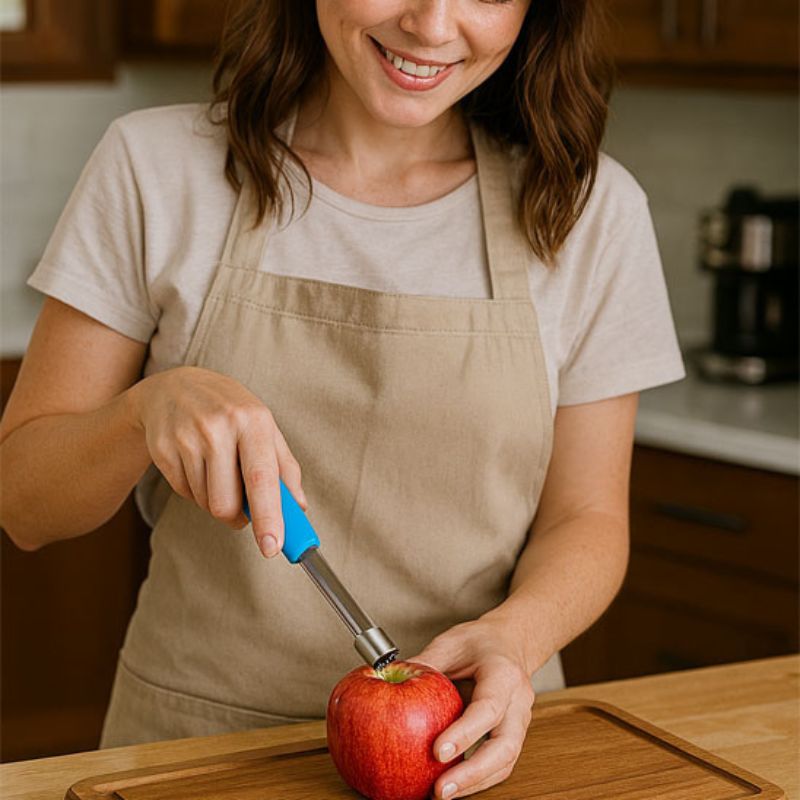 Jeune femme utilise vide pommes à poignée bleue