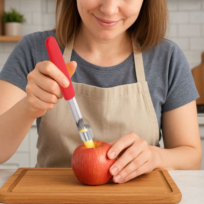 Jeune femme utilise vide pommes à poignée rouge