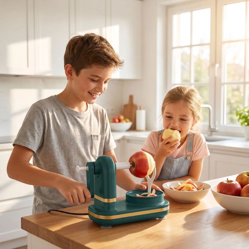 Jeune garçon pèle pomme avec éplucheuse à pomme avec soeur