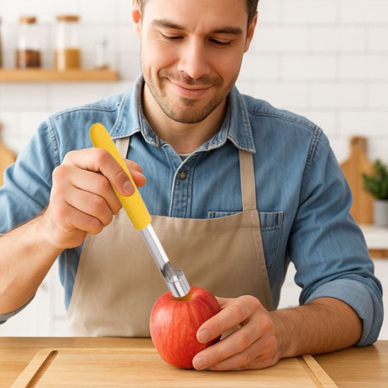 Jeune homme utilise vide pommes à poignée jaune