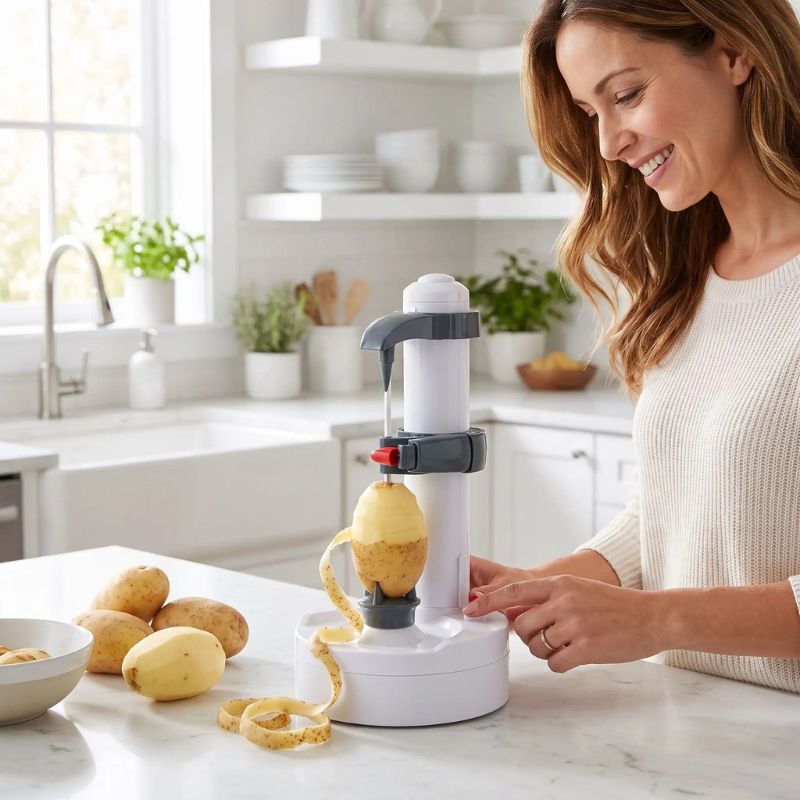 Madame pèle une pomme de terre avec eplucheur electrique