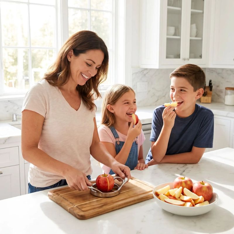 Maman utilise coupe pommes accompagnée par enfants