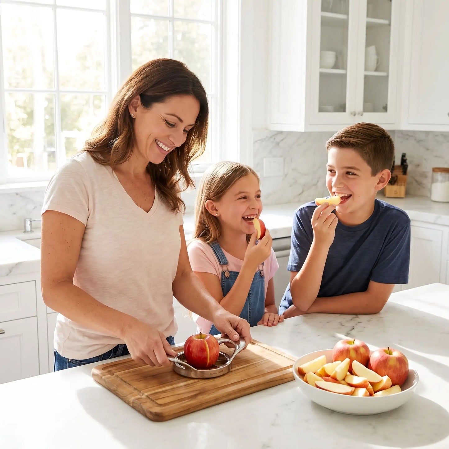 maman utilise coupe pommes accompagnée par enfants