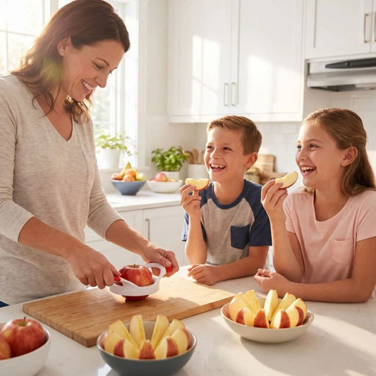 Mère utilise coupe pommes avec enfants heureux