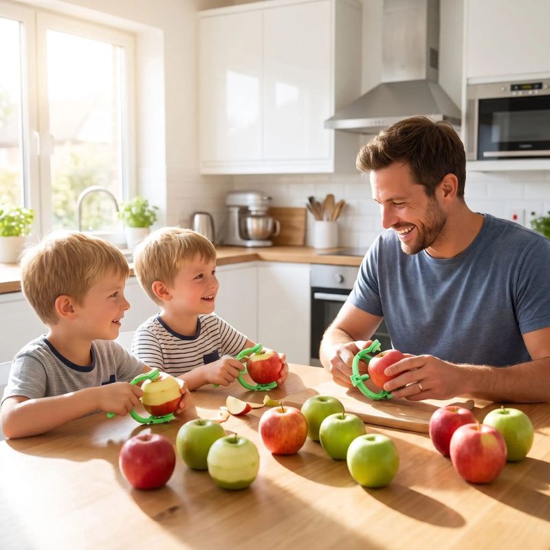 Pèle pommes utilisés par père avec deux fils jumeaux