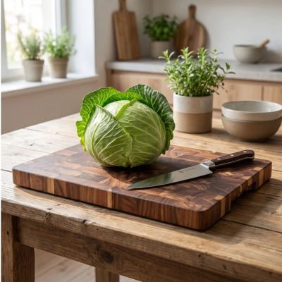 Planche à découper bois de bout avec chou et couteau