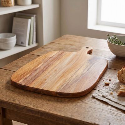 Planche à découper bois déposée sur table cuisine