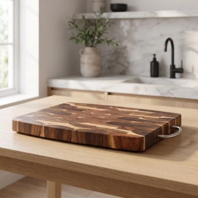 Planche à découper bois déposée sur table de la cuisine