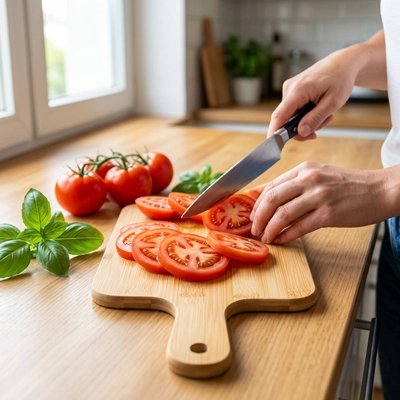 Planche à découper bois pour trancher tomate 