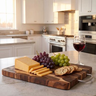 Planche à découper bois présentée avec fromage biscuits et raisins