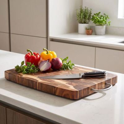Planche à découper bois présentée avec légumes
