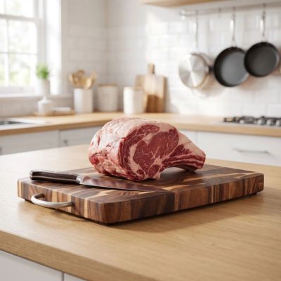 Planche à découper bois présentée avec pièce de viande