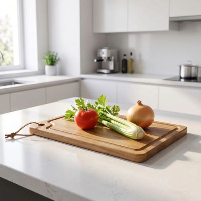 Planche à découper en bois présentée avec légumes