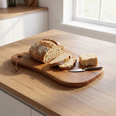 Planche à découper en bois présentée avec pain tranché