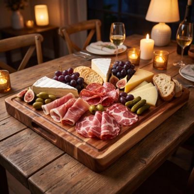 Planche cuisine bois pour présenter charcuterie et fromage